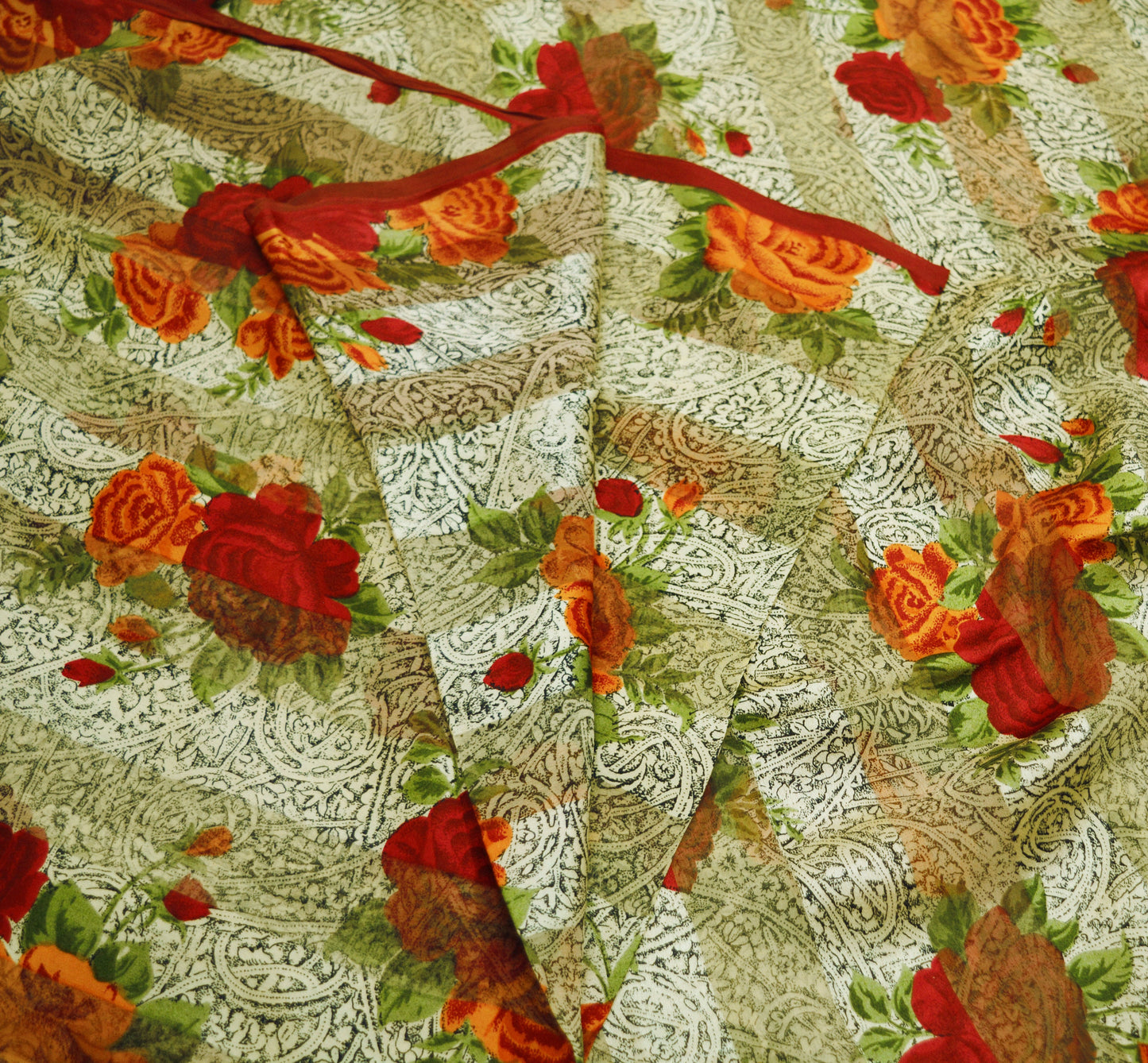 Women Vintage Sari Beige & red Pure Chiffon Silk Block Printed Saree Craft Fabric Sewing 5Yard Soft Light Sari Dress Making