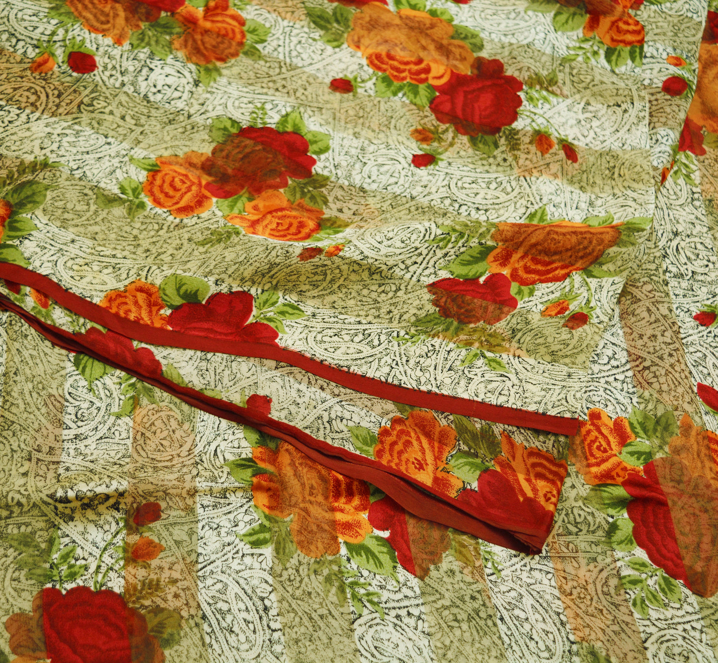 Women Vintage Sari Beige & red Pure Chiffon Silk Block Printed Saree Craft Fabric Sewing 5Yard Soft Light Sari Dress Making
