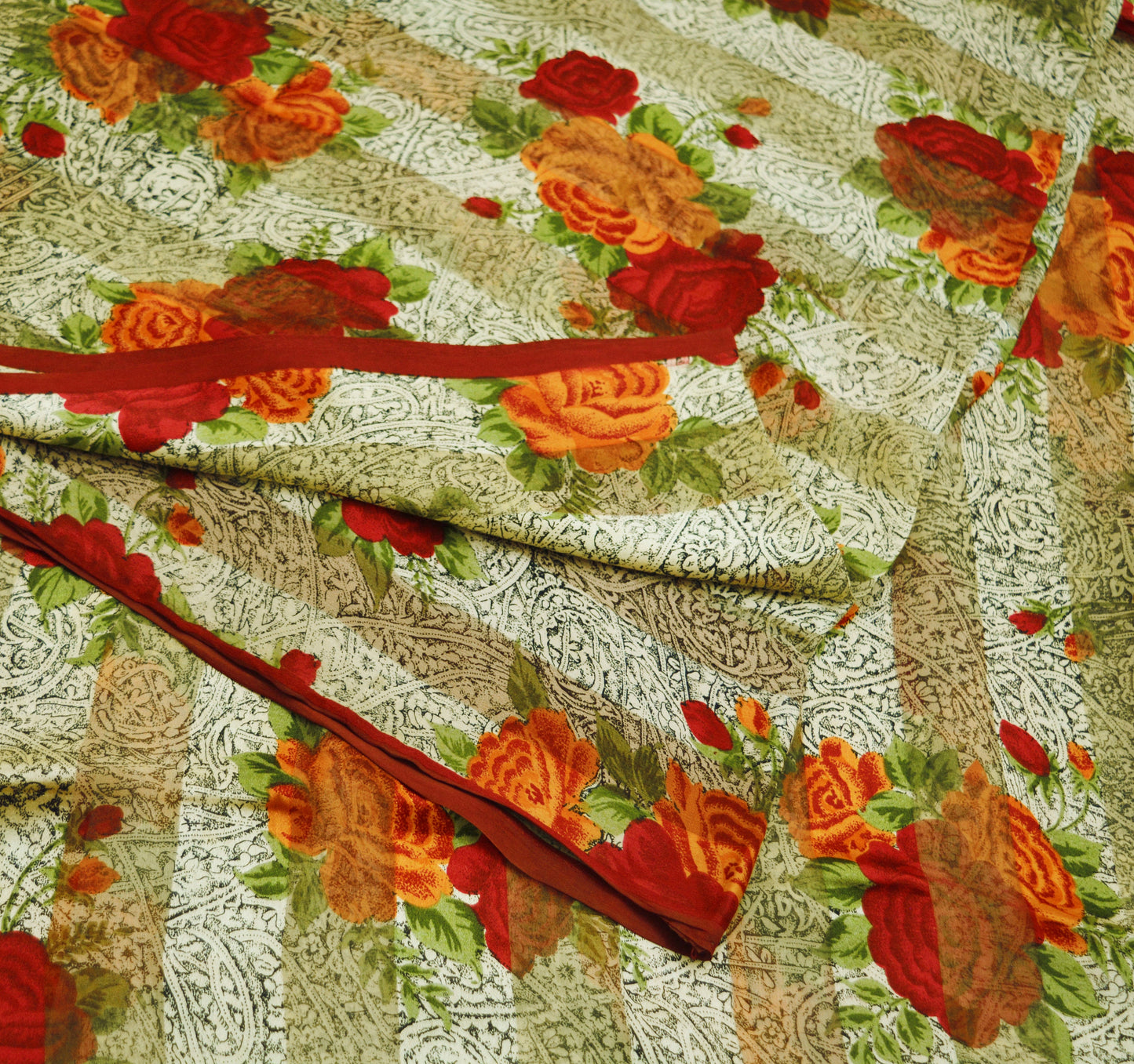 Women Vintage Sari Beige & red Pure Chiffon Silk Block Printed Saree Craft Fabric Sewing 5Yard Soft Light Sari Dress Making