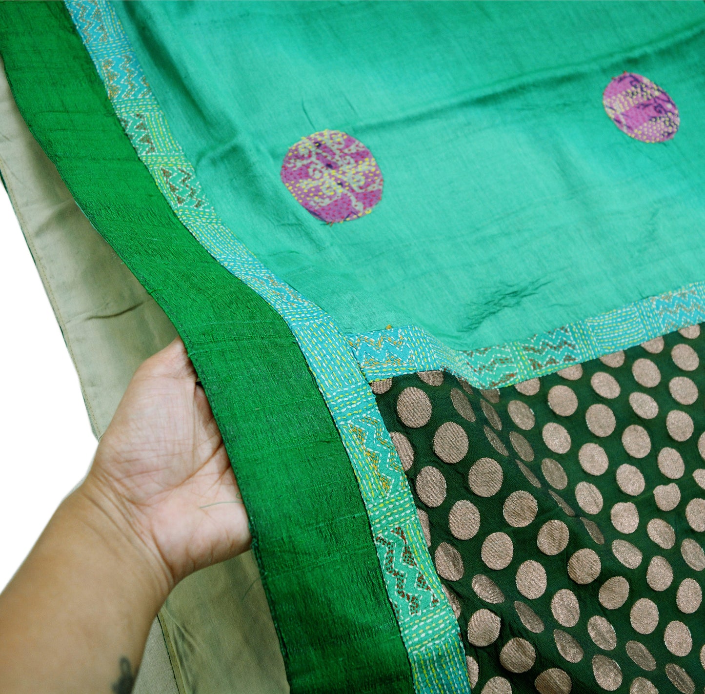 Indian Vintage Green Saree Pure Khadi Silk Handloom Hand Kantha Indian Sari Fabric 5yard Ethnic