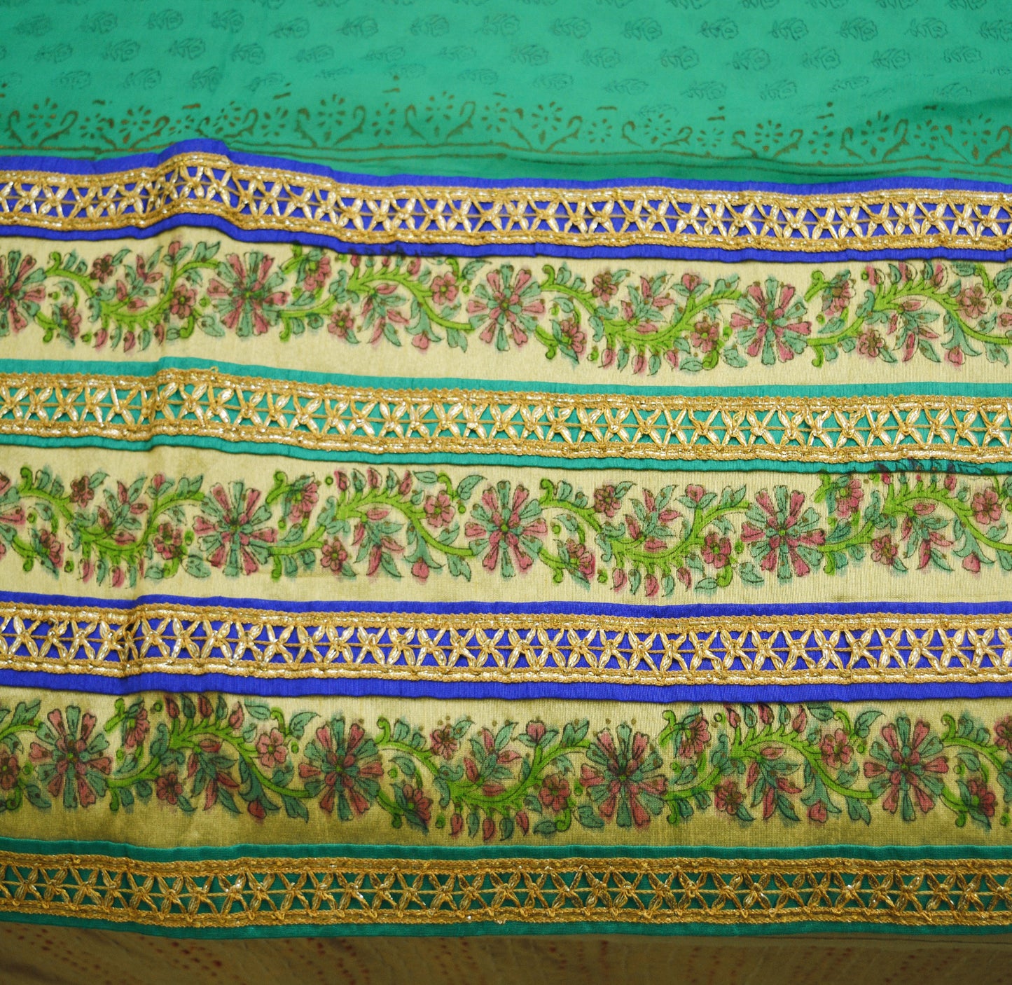 Indian Vintage SariGreen Pure Chiffon Silk Printed Gota Patti Sarees Fabric Indian Sari 6Yard Dress Making Sewing
