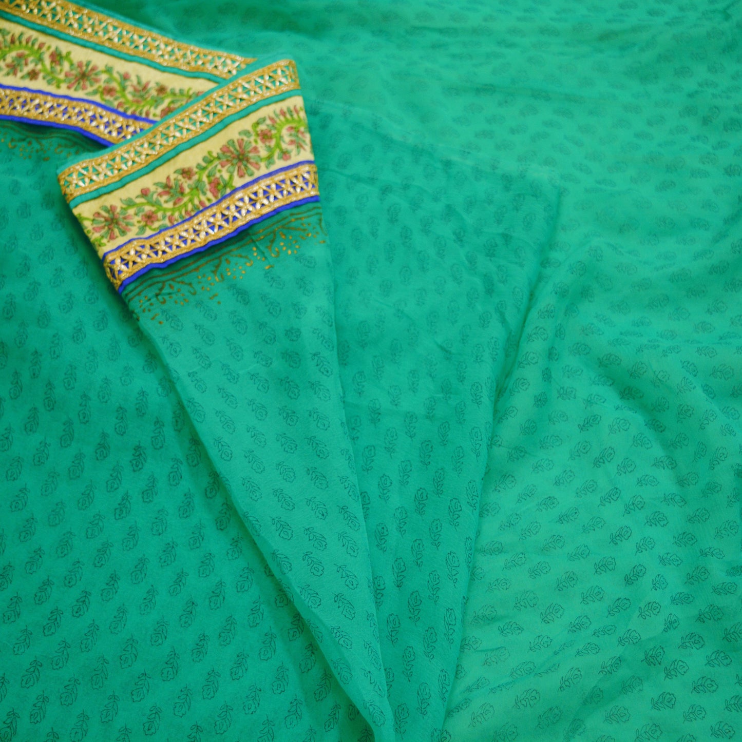 Indian Vintage SariGreen Pure Chiffon Silk Printed Gota Patti Sarees Fabric Indian Sari 6Yard Dress Making Sewing