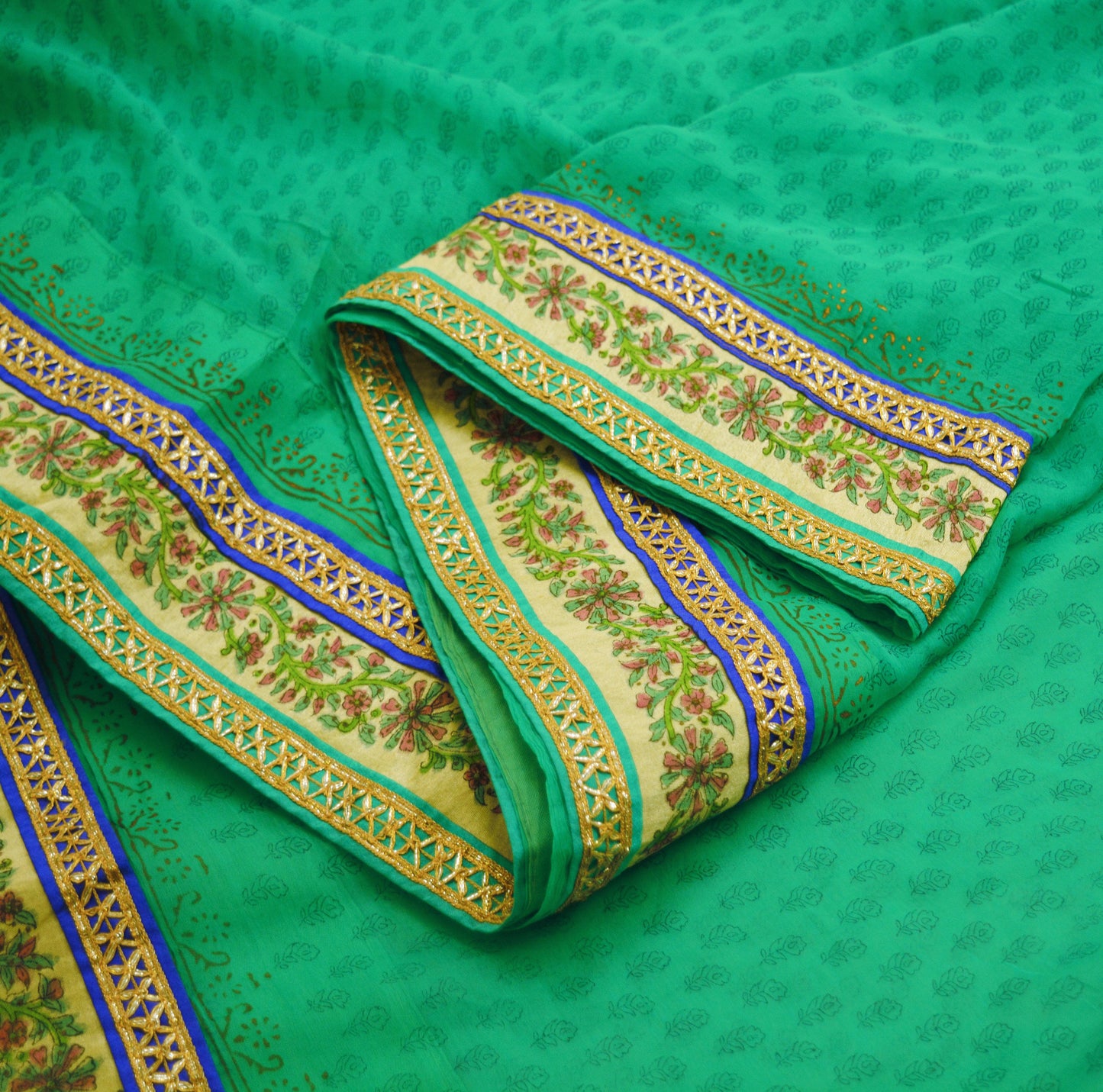 Indian Vintage SariGreen Pure Chiffon Silk Printed Gota Patti Sarees Fabric Indian Sari 6Yard Dress Making Sewing