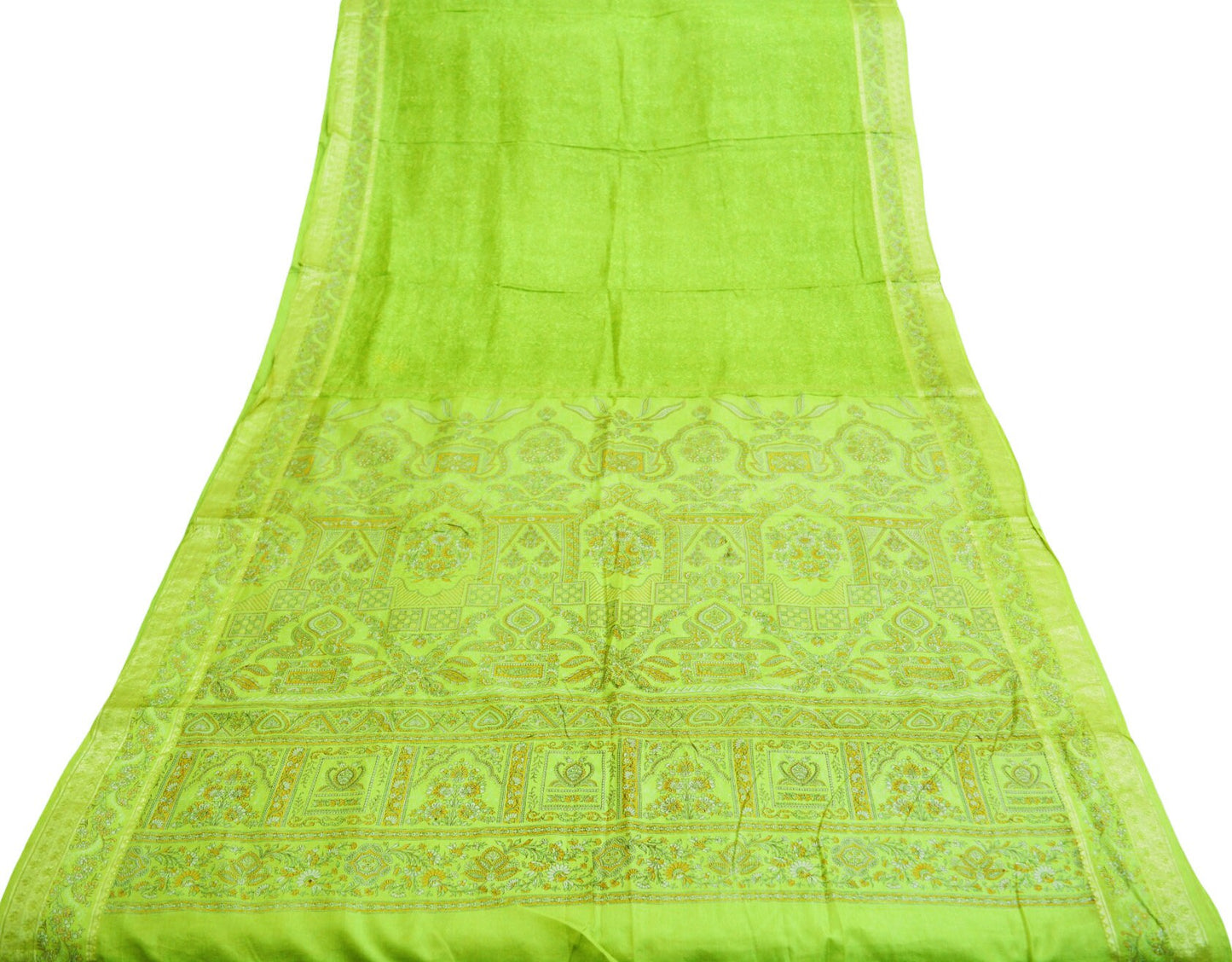 Indian Vintage Sari Green Pure Silk Printed Saree 5yard Sewing Craft Fabric DressMaking Soft Golden Zari