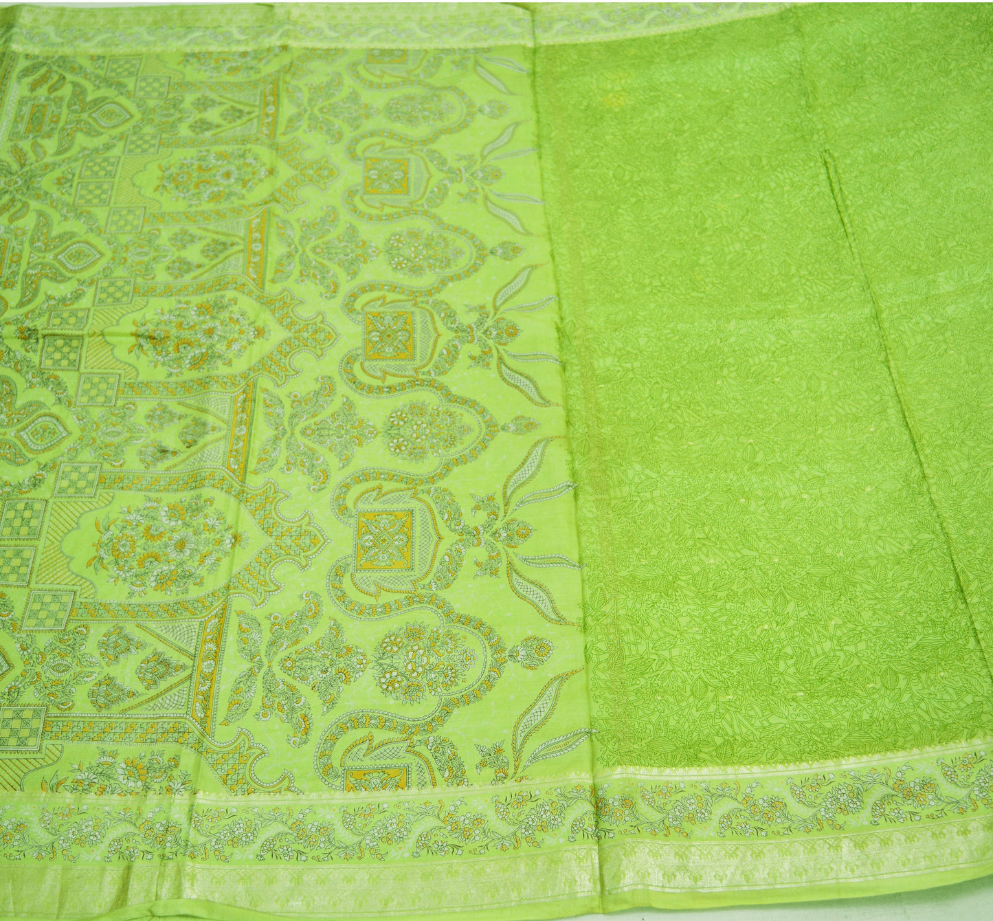 Indian Vintage Sari Green Pure Silk Printed Saree 5yard Sewing Craft Fabric DressMaking Soft Golden Zari