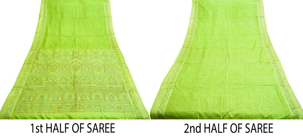 Indian Vintage Sari Green Pure Silk Printed Saree 5yard Sewing Craft Fabric DressMaking Soft Golden Zari