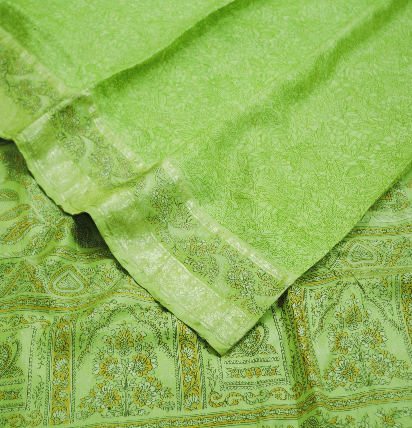 Indian Vintage Sari Green Pure Silk Printed Saree 5yard Sewing Craft Fabric DressMaking Soft Golden Zari