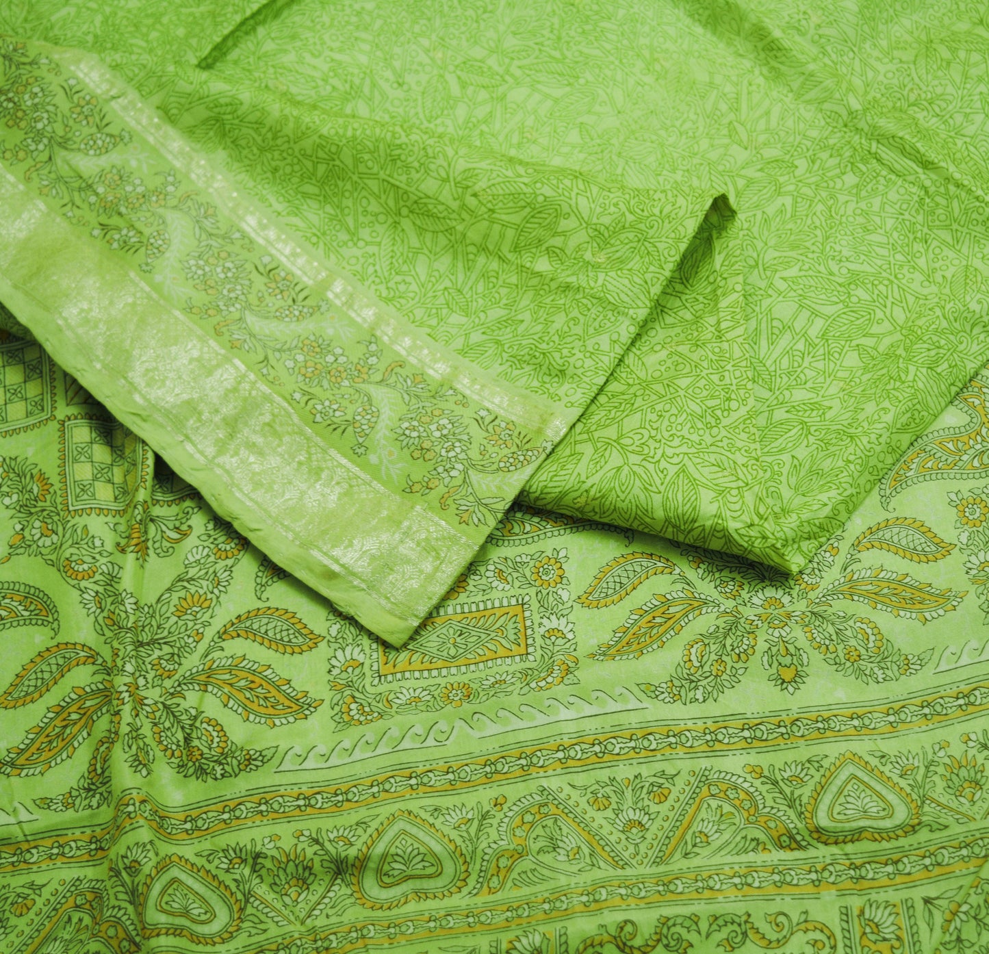 Indian Vintage Sari Green Pure Silk Printed Saree 5yard Sewing Craft Fabric DressMaking Soft Golden Zari