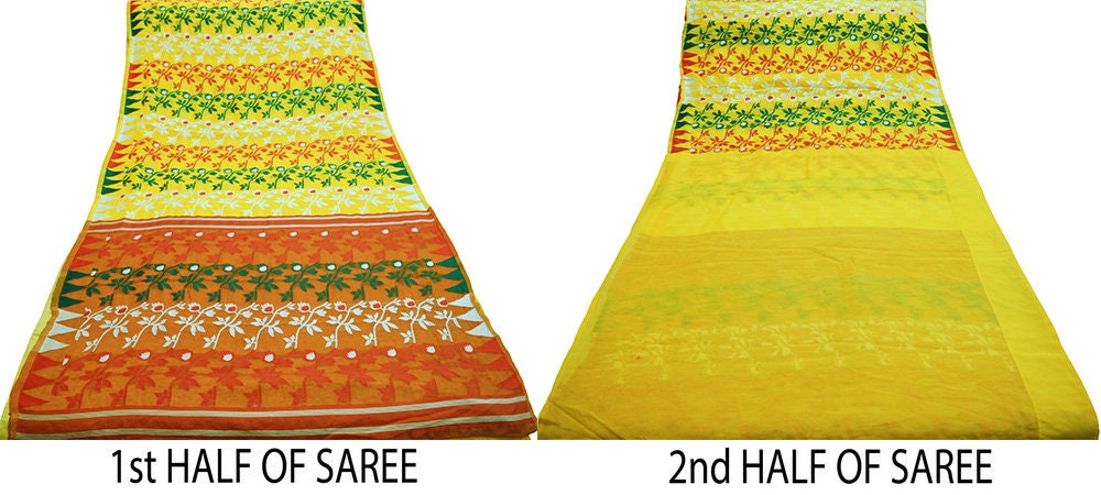 Indian Vintage Sari Red & Yellow Hand Woven saree Cotton Fabric 5Yard Floral Soft Golden Zari