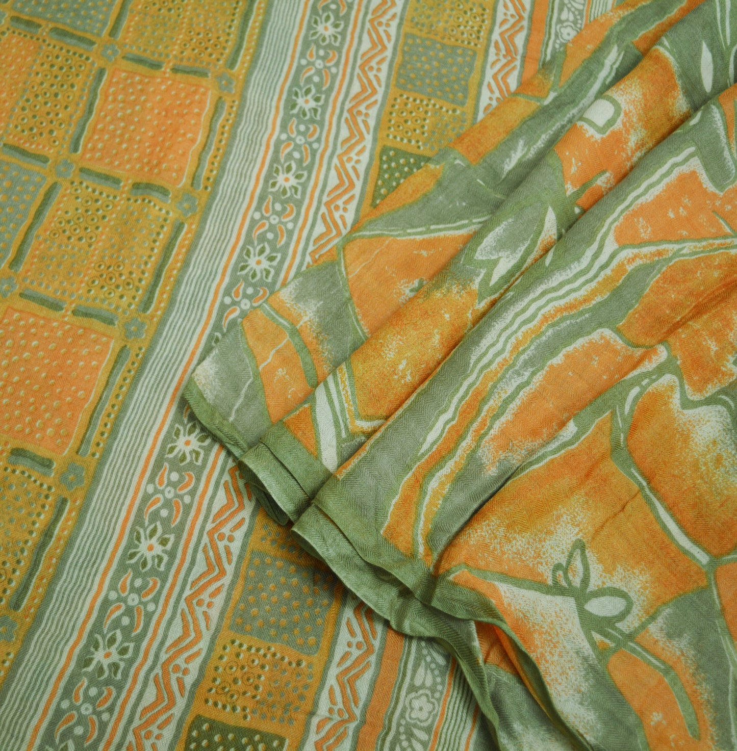 Vintage Green & Saffron Saree Woven Printed Pure Woolen Indian Sari Fabric 5Yard Indian Sari Soft Floral Warm