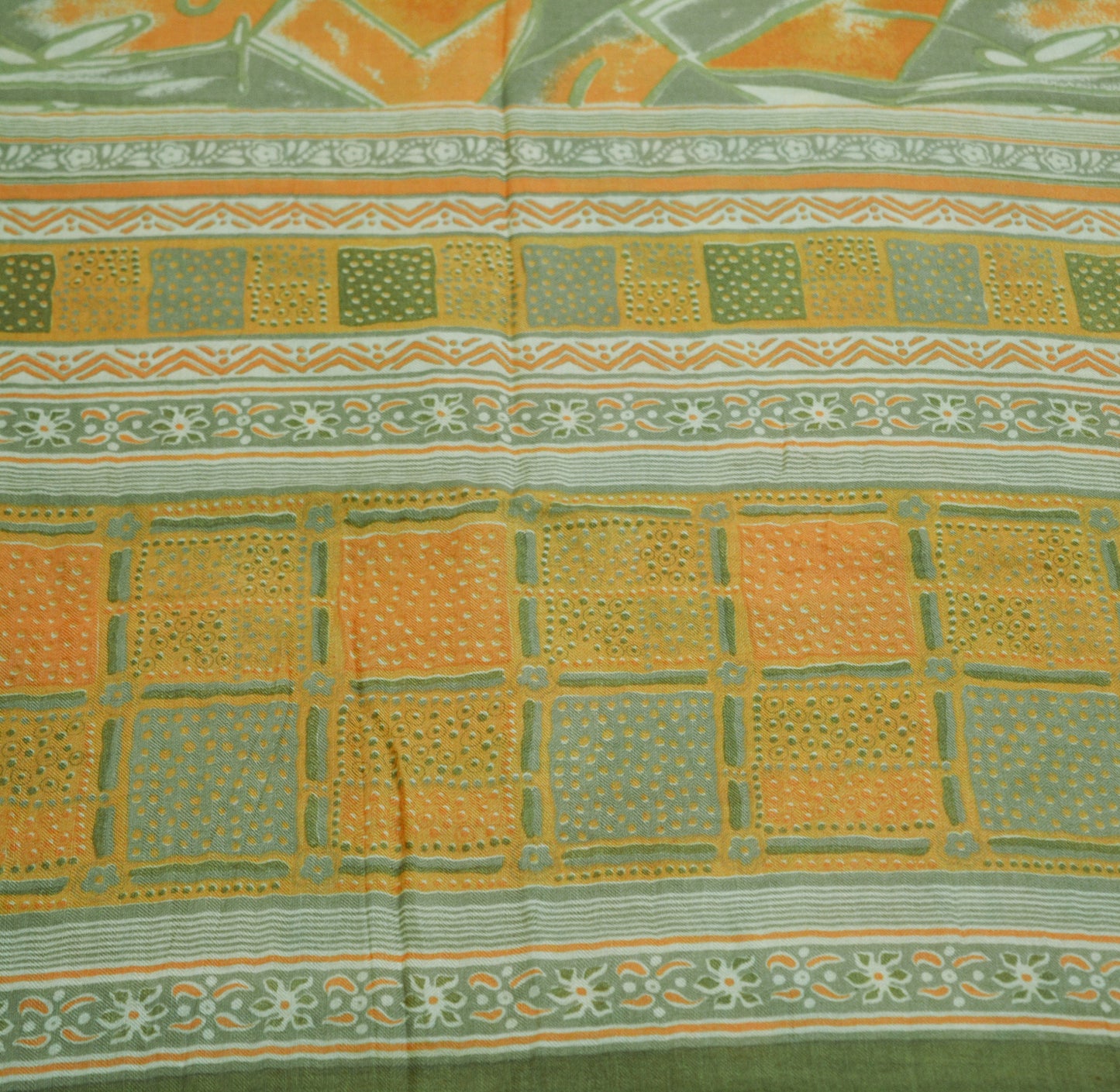 Vintage Green & Saffron Saree Woven Printed Pure Woolen Indian Sari Fabric 5Yard Indian Sari Soft Floral Warm