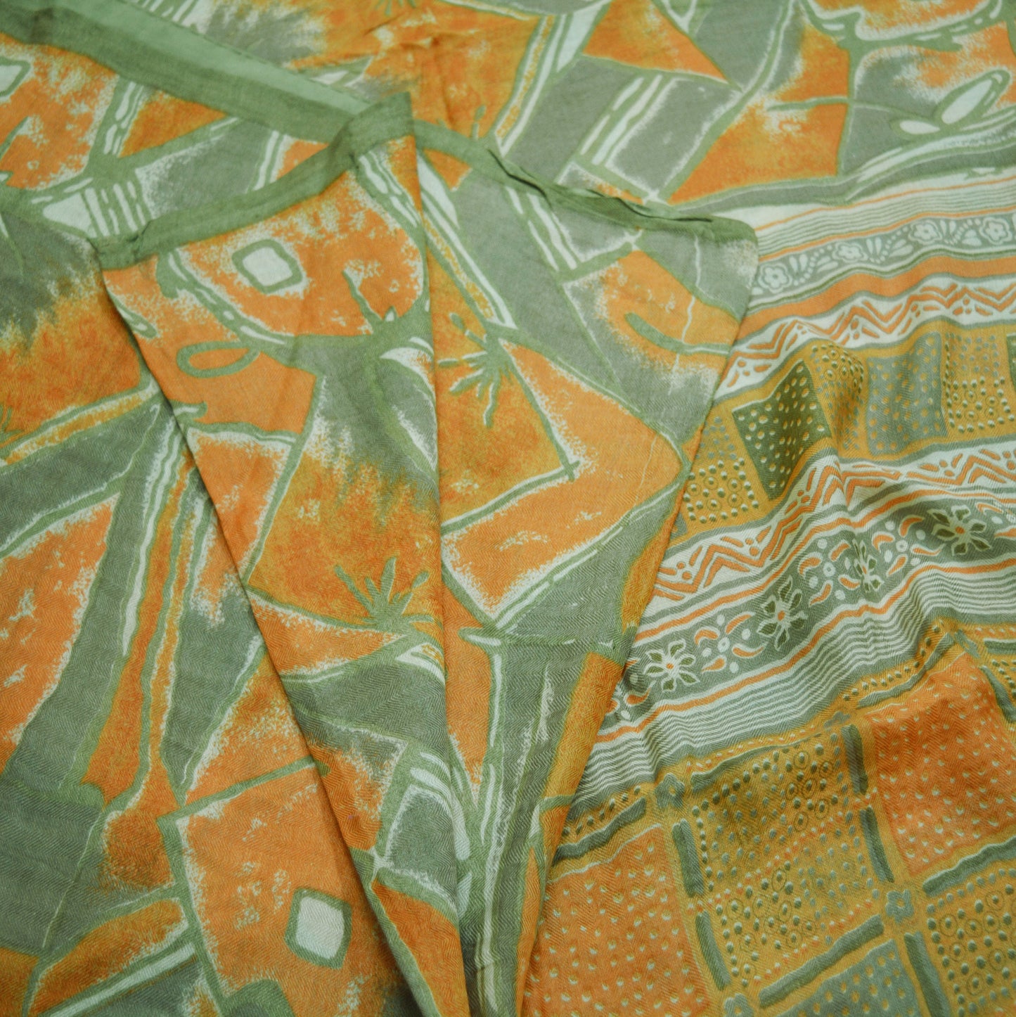 Vintage Green & Saffron Saree Woven Printed Pure Woolen Indian Sari Fabric 5Yard Indian Sari Soft Floral Warm