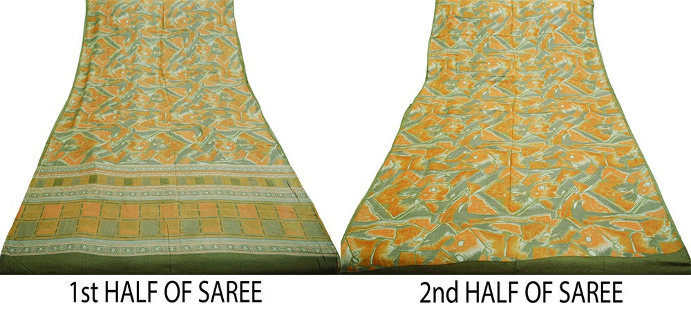 Vintage Green & Saffron Saree Woven Printed Pure Woolen Indian Sari Fabric 5Yard Indian Sari Soft Floral Warm