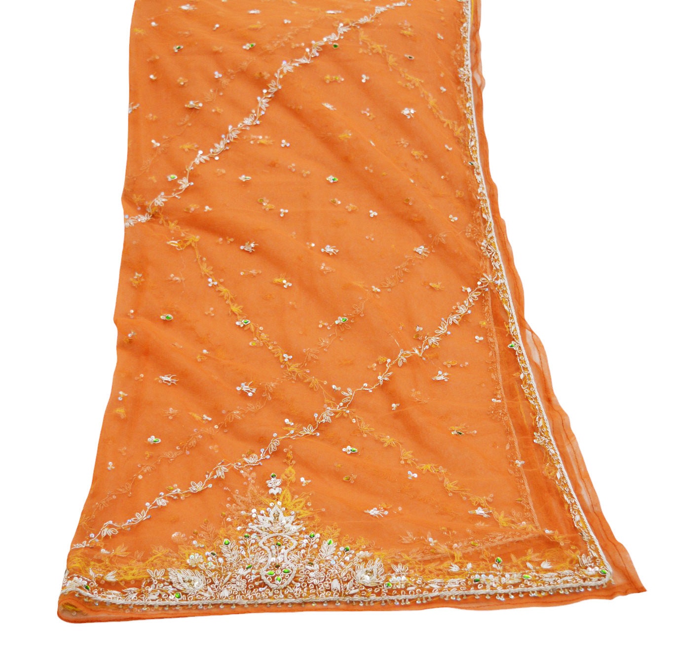 FREE SHIPPING Indian Vintage Orange Dupatta Net Mesh Long Stole Hand Embroidered Scarves Golden Zardozi Zari Sequins Stole