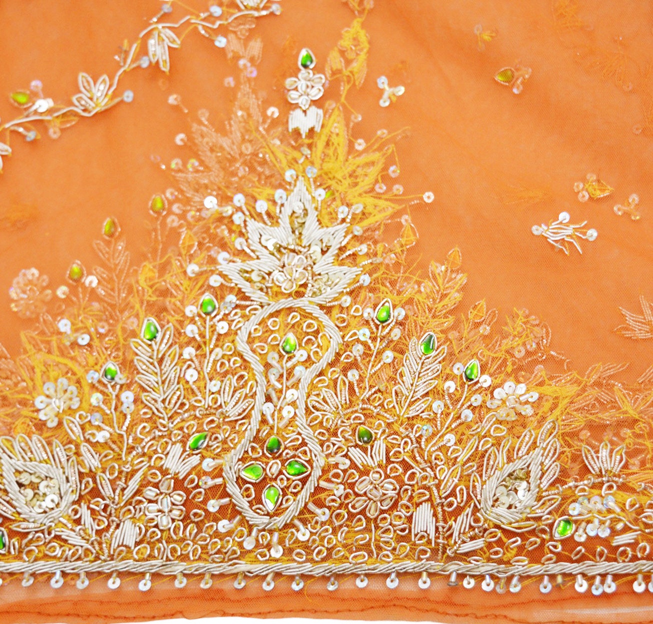 FREE SHIPPING Indian Vintage Orange Dupatta Net Mesh Long Stole Hand Embroidered Scarves Golden Zardozi Zari Sequins Stole
