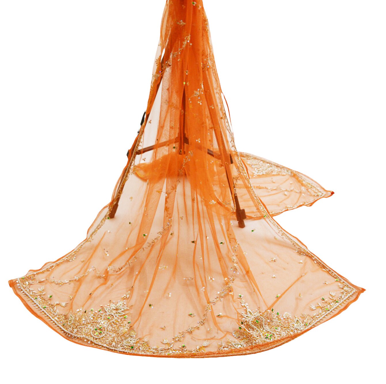 FREE SHIPPING Indian Vintage Orange Dupatta Net Mesh Long Stole Hand Embroidered Scarves Golden Zardozi Zari Sequins Stole