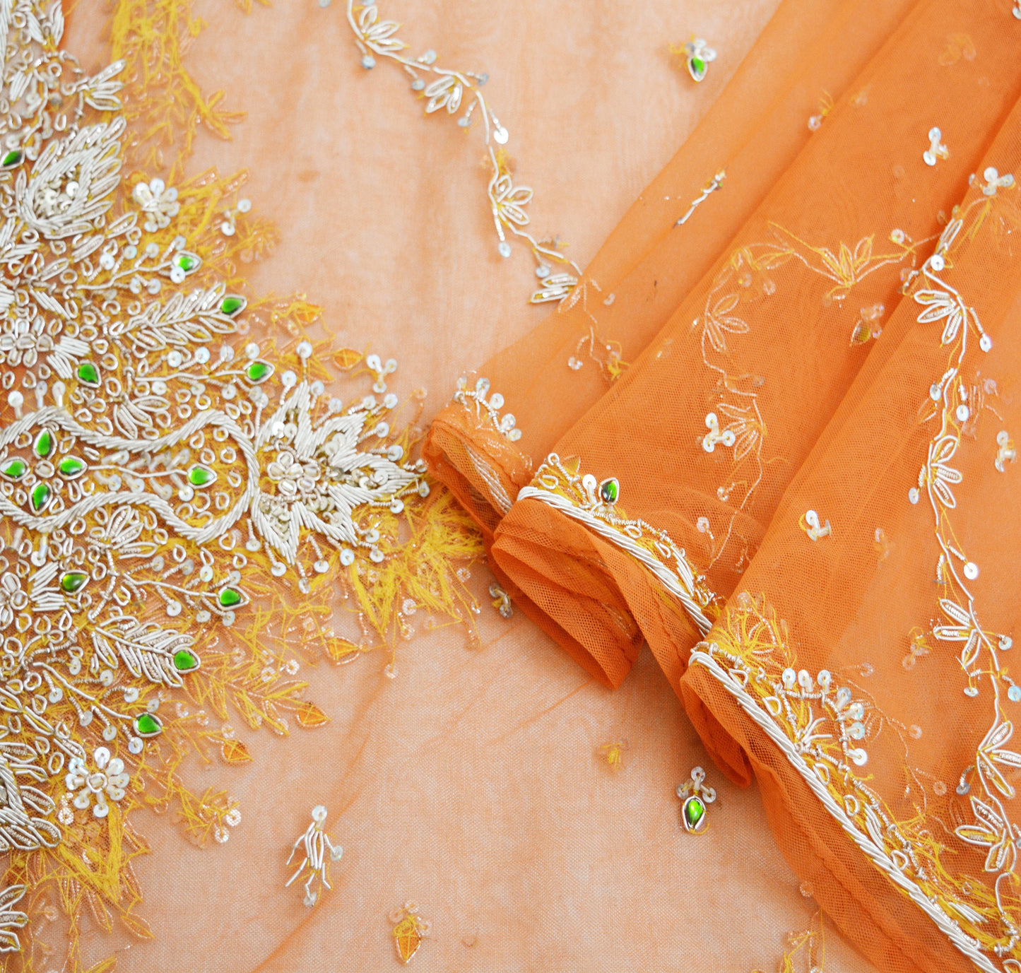 FREE SHIPPING Indian Vintage Orange Dupatta Net Mesh Long Stole Hand Embroidered Scarves Golden Zardozi Zari Sequins Stole