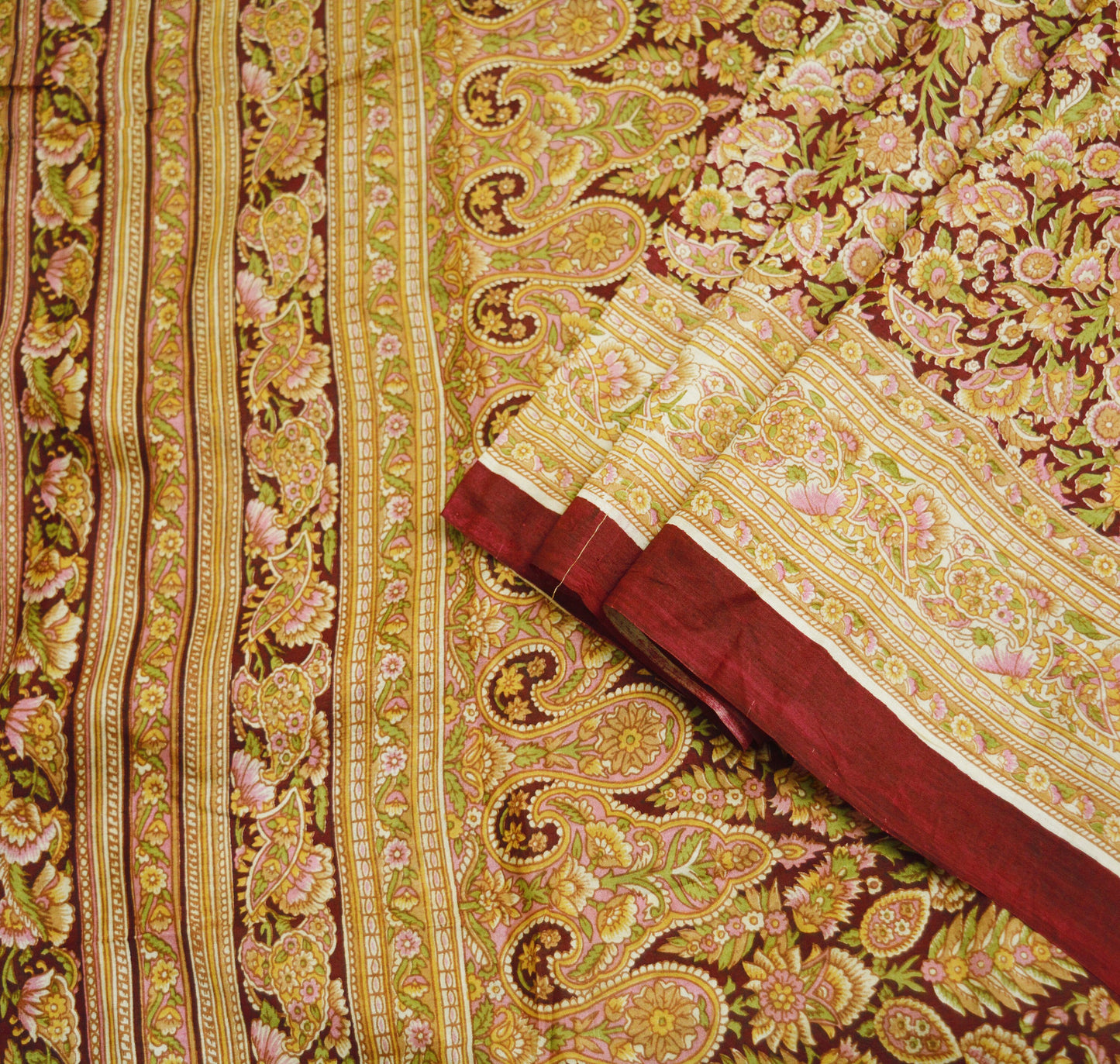 Indian Vintage Sari Maroon 100% Pure Silk Printed Saree Fabric 6yard Sewing Craft DressMaking Soft Paisley