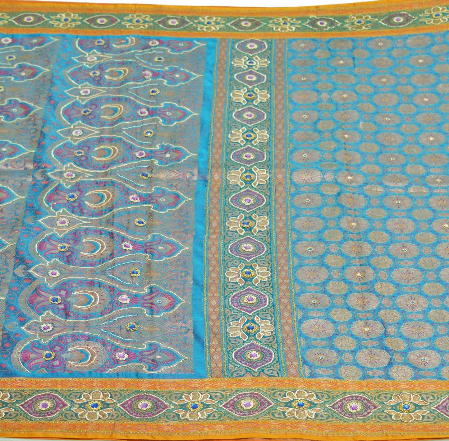 Vintage Sari Blue Heavy Wedding Pure Satin Silk Hand Embroidered Banarsi Brocade Saree Zari/Zardozi/Dabka 5Yd