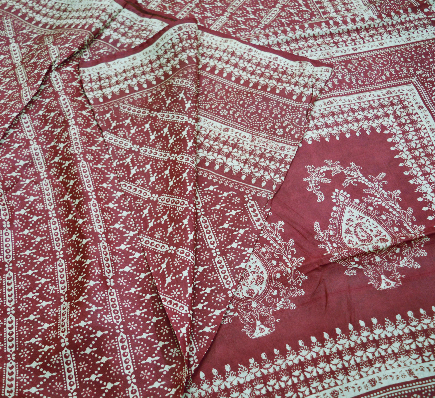 Indian Vintage Sari Maroon 100% Pure Silk Printed Saree Fabric 5yard Sewing Craft DressMaking Soft Paisley