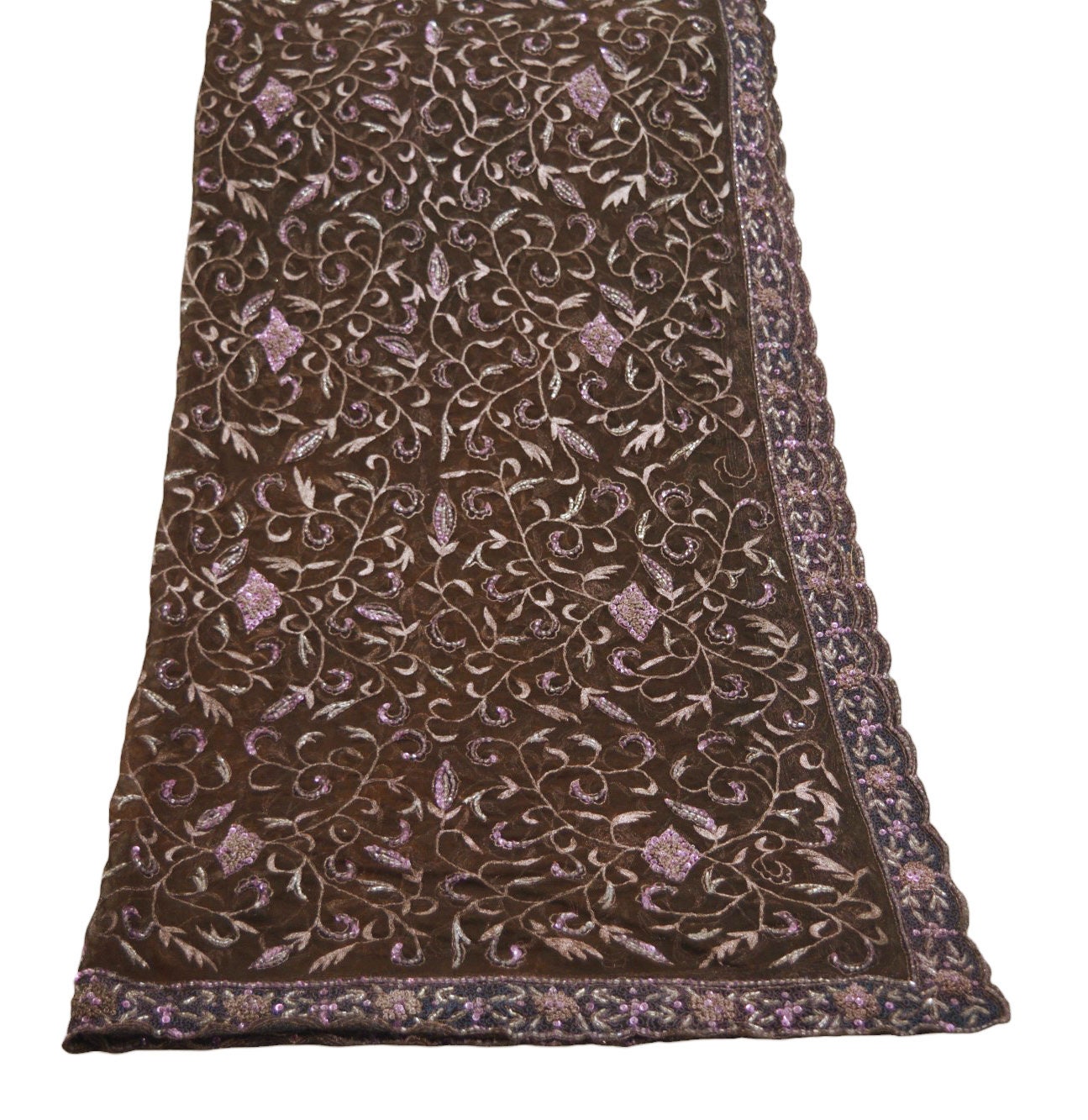 Indian Vintage Heavy Brown Dupatta Net Mesh Long Stole Hand Embroidered Scarves Golden Zardozi Dabka Zari Sequins