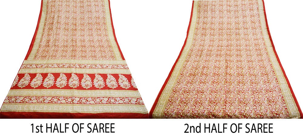Indian Vintage Sari Red Pure Silk Printed Saree Fabric 6yard Sewing Craft Fabric DressMaking Soft Wrap Floral
