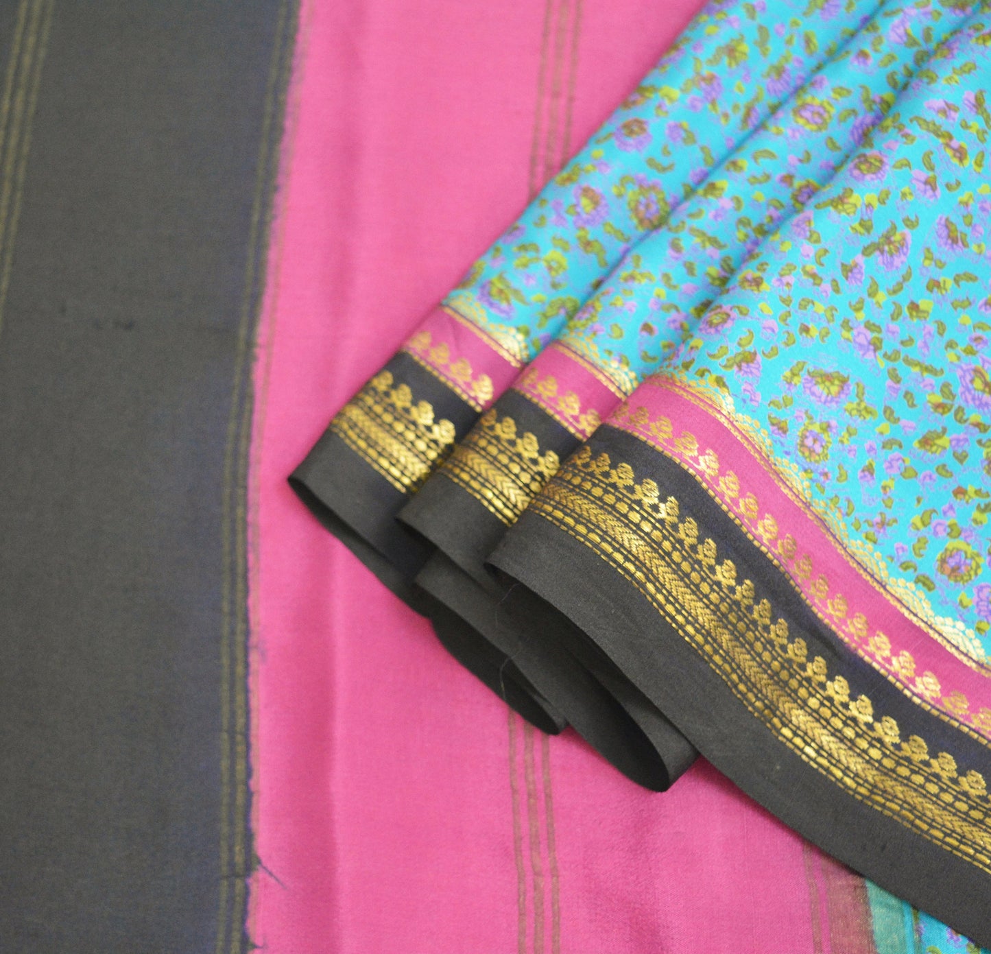 Indian Vintage Sari Pink & Blue 100% Pure Silk Printed Saree Fabric 5yard Sewing Craft DressMaking Soft Zari