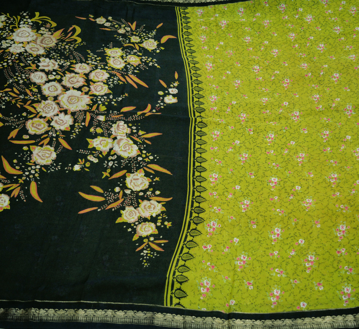Indian Vintage Sari Green & Black Pure Silk Printed Saree Fabric 5yard Sewing Craft DressMaking Soft Floral Zari