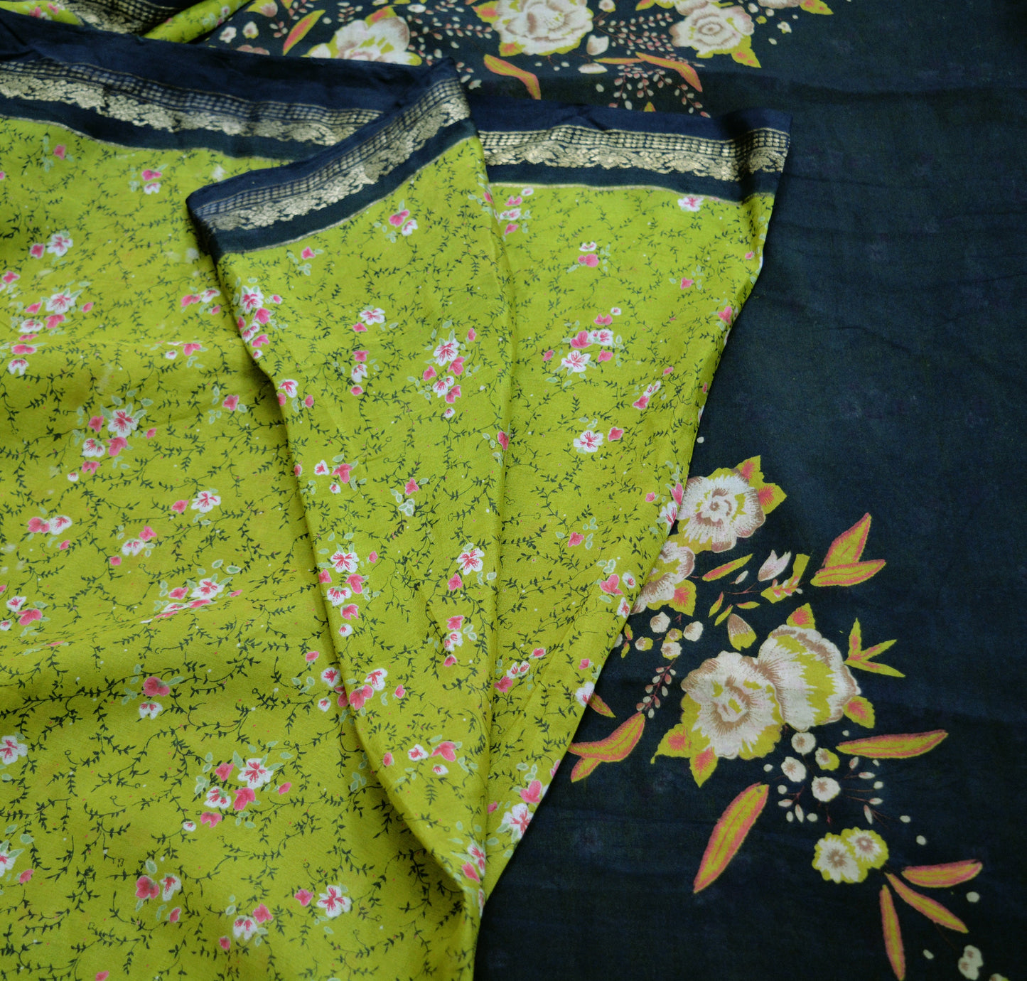 Indian Vintage Sari Green & Black Pure Silk Printed Saree Fabric 5yard Sewing Craft DressMaking Soft Floral Zari