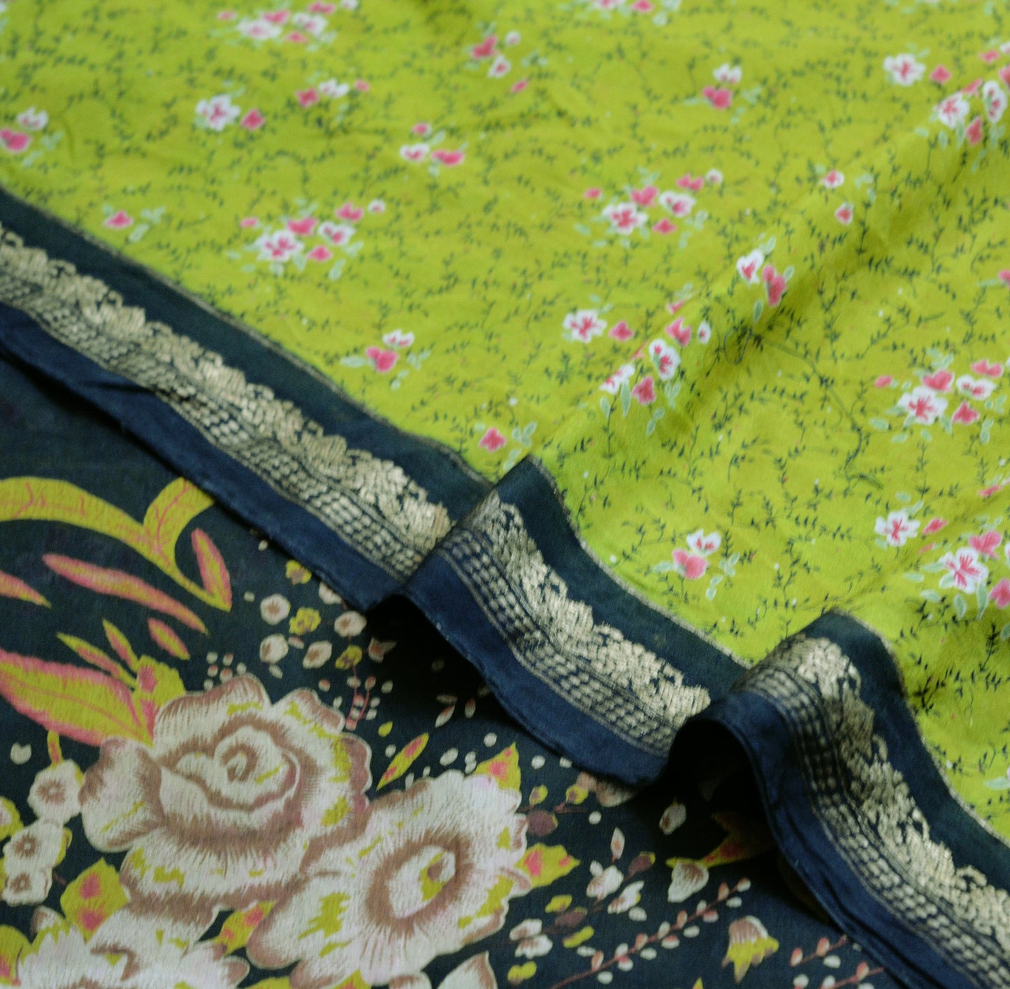Indian Vintage Sari Green & Black Pure Silk Printed Saree Fabric 5yard Sewing Craft DressMaking Soft Floral Zari