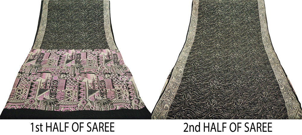 Indian Vintage Sari Black 100% Pure Silk Printed Saree Fabric 6yard Sewing Craft DressMaking Soft Abstract