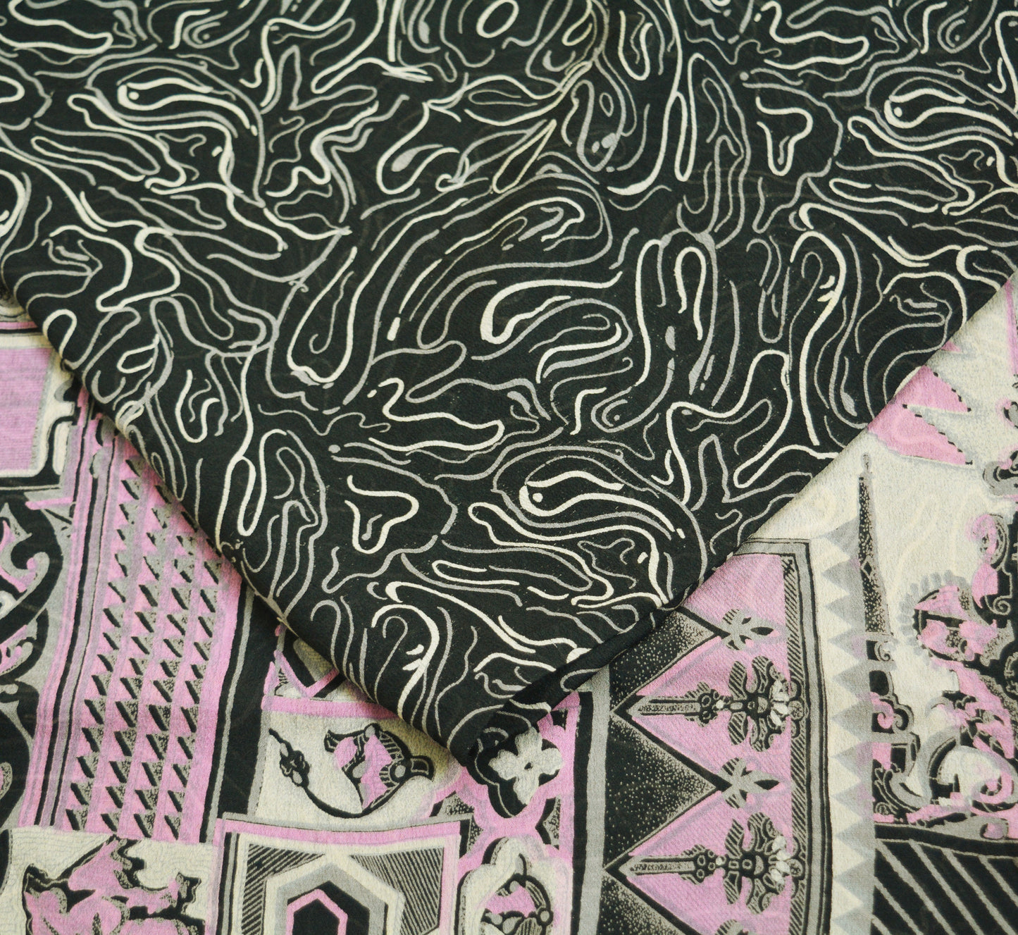 Indian Vintage Sari Black 100% Pure Silk Printed Saree Fabric 6yard Sewing Craft DressMaking Soft Abstract