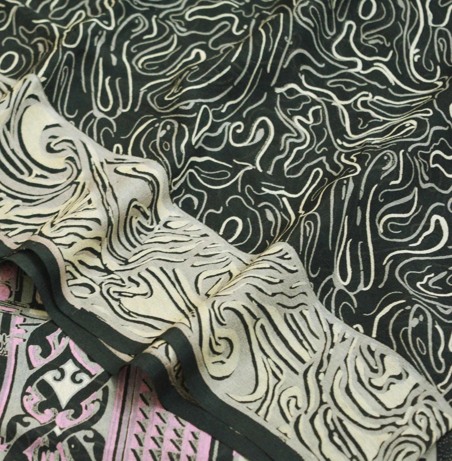 Indian Vintage Sari Black 100% Pure Silk Printed Saree Fabric 6yard Sewing Craft DressMaking Soft Abstract