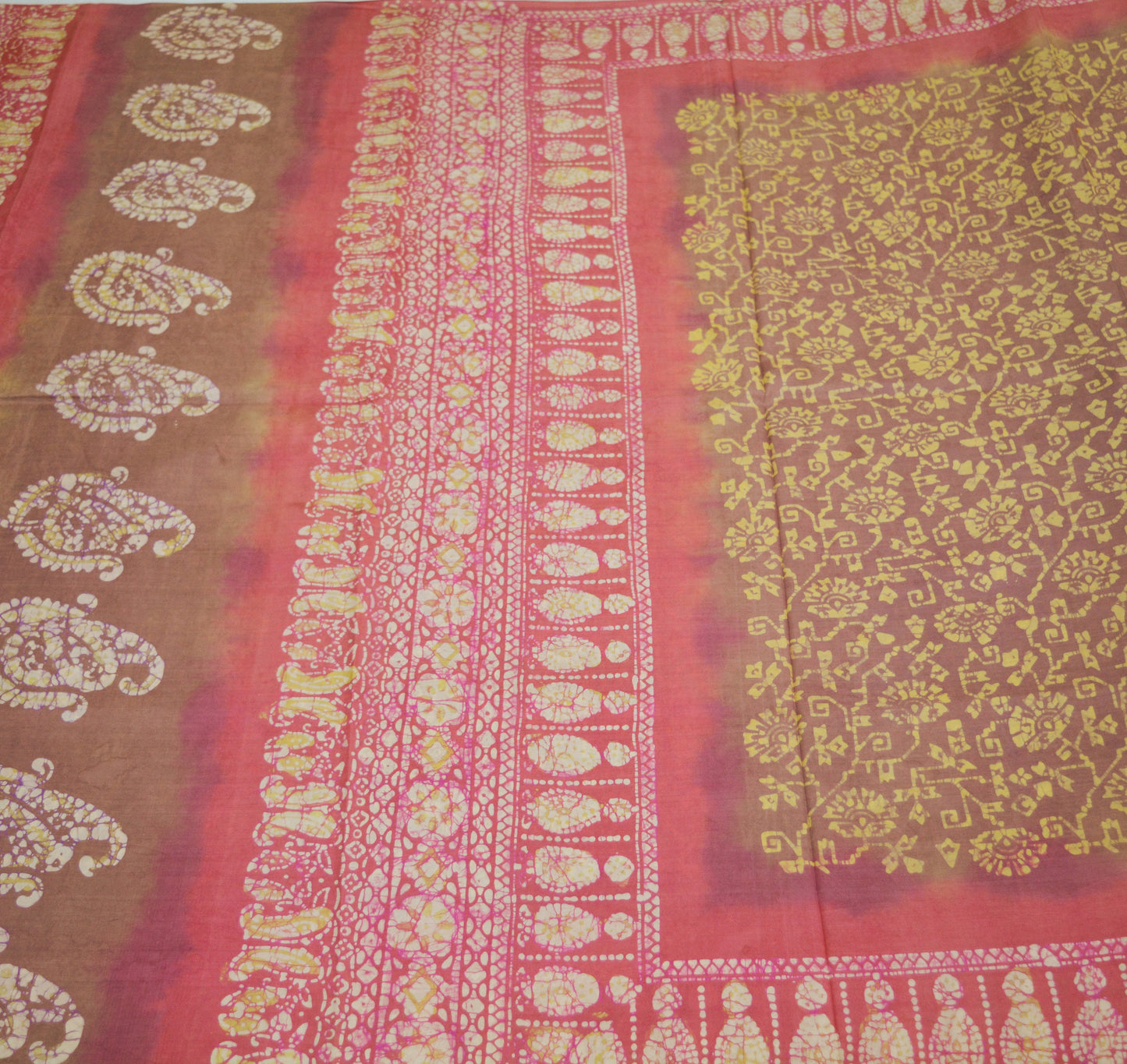 Indian Vintage Sari Pink & Brown Batik Printed Pure Silk Saree Craft Soft Fabric 5Yard Sewing Sarong Wrap Boho