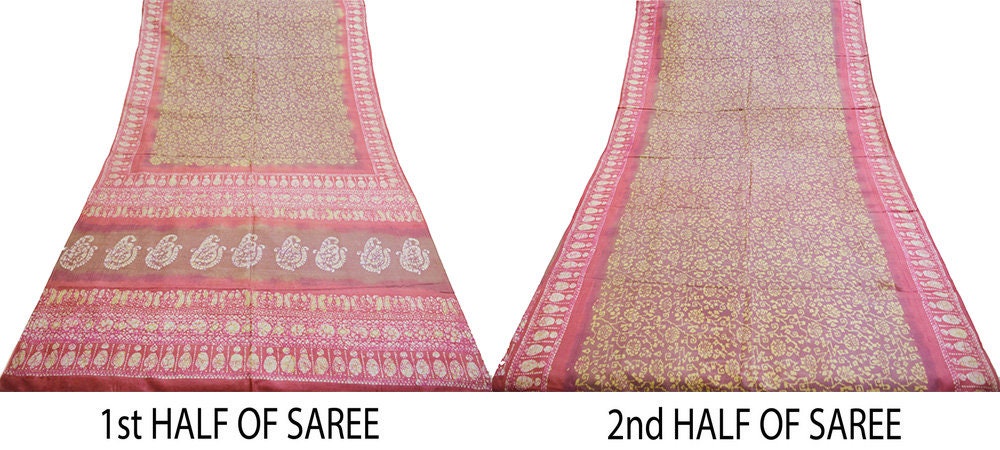 Indian Vintage Sari Pink & Brown Batik Printed Pure Silk Saree Craft Soft Fabric 5Yard Sewing Sarong Wrap Boho