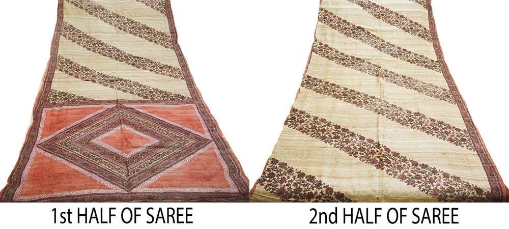 Indian Vintage Heavy Beige & Rusty Saree Pure Khadi Silk Handloom Indian Sari Craft Fabric 5yard Ethnic Wear Sari