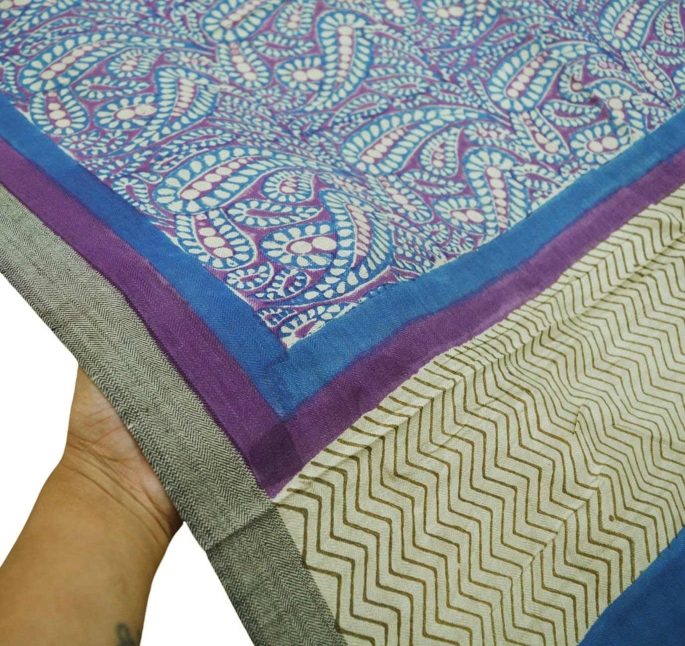 Vintage Blue & Purple Long Stole Pure Woolen Scarf Printed Dupatta Infinity Scarves Sarong Wrap Veil Woman Hijab Shawl Fabric