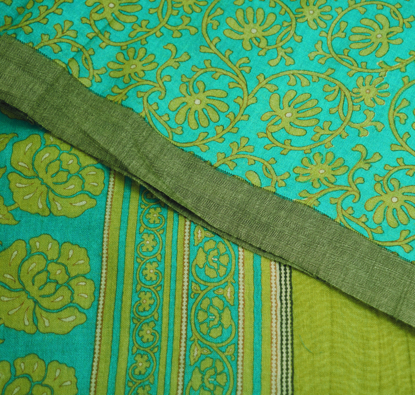 Vintage Green Heavy Saree Pure Woolen Woven Printed Indian Sari Soft Warm Fabric 5Yard Floral Woven Border