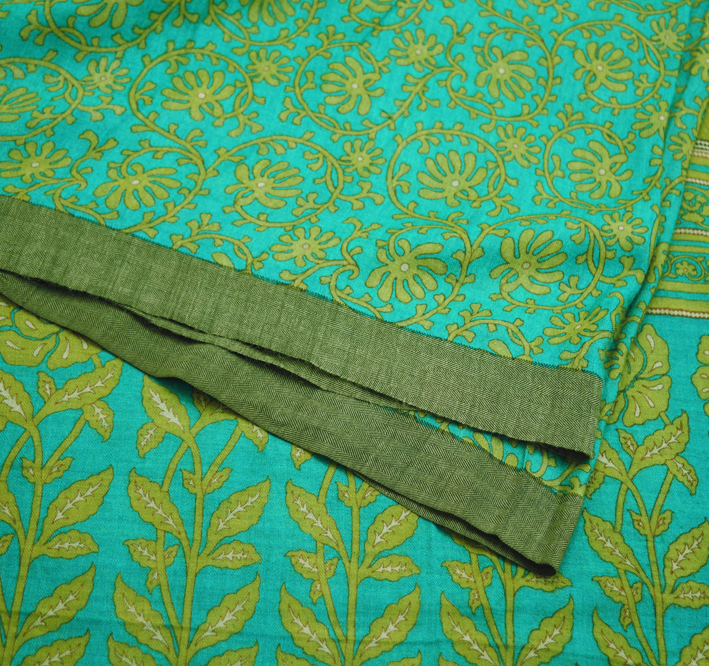 Vintage Green Heavy Saree Pure Woolen Woven Printed Indian Sari Soft Warm Fabric 5Yard Floral Woven Border