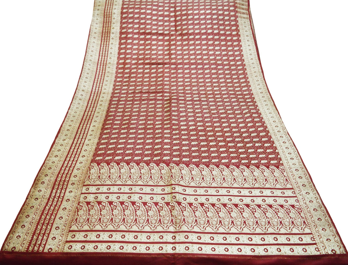 Indian Vintage Sari Maroon Heavy Wedding Pure Satin Silk Woven Banarasi Brocade Saree Golden Zari 5Yd