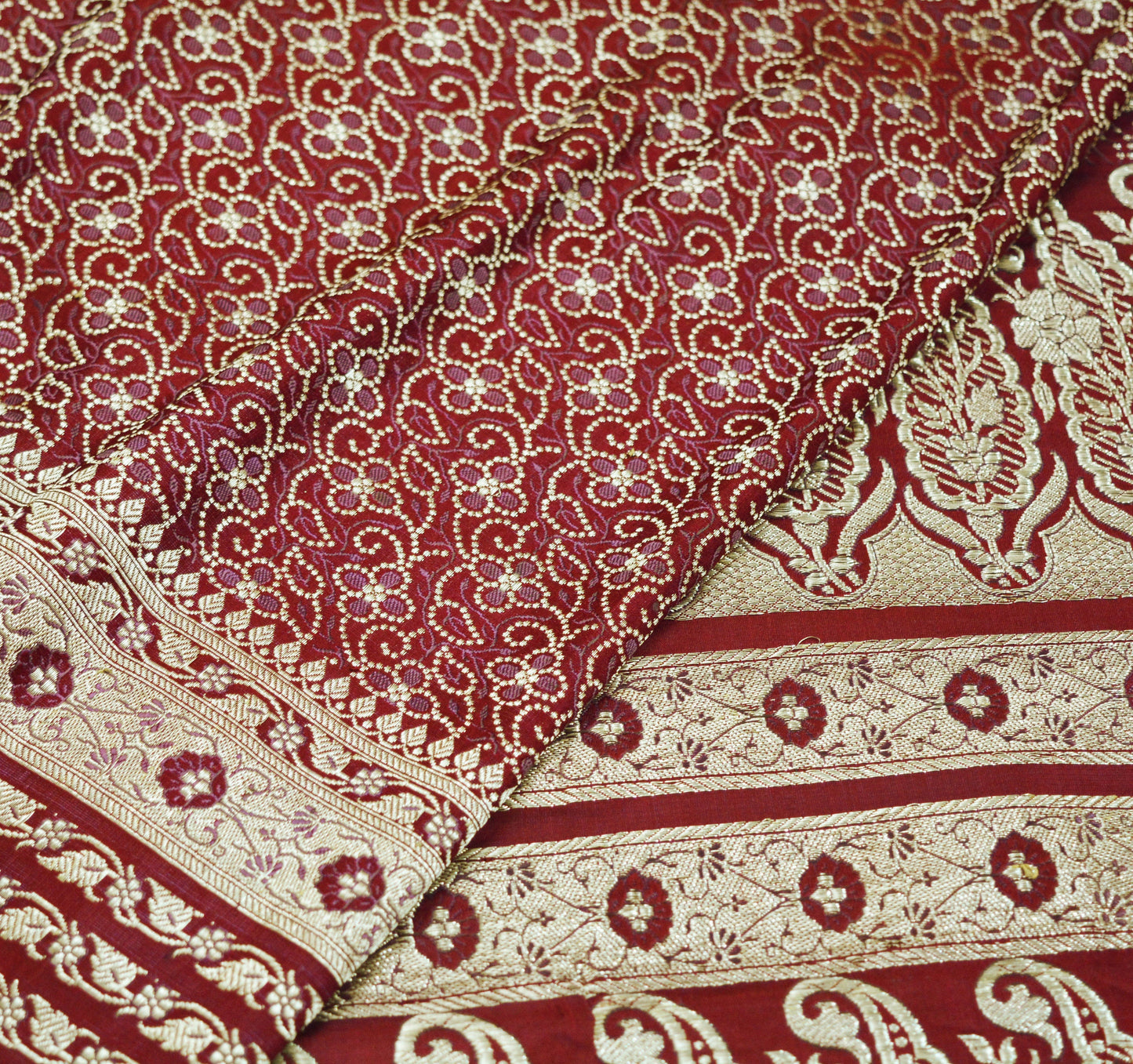 Indian Vintage Sari Maroon Heavy Wedding Pure Satin Silk Woven Banarasi Brocade Saree Golden Zari 5Yd