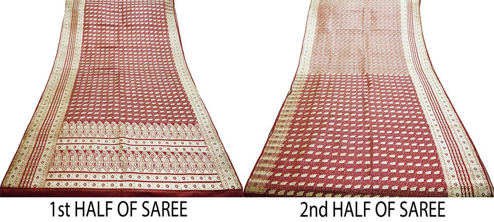 Indian Vintage Sari Maroon Heavy Wedding Pure Satin Silk Woven Banarasi Brocade Saree Golden Zari 5Yd