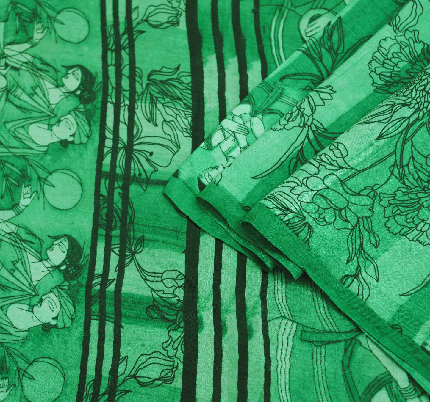 Indian Vintage Sari Green Pure Silk Printed Saree Fabric 5yd Sewing Craft DressMaking Soft Humans