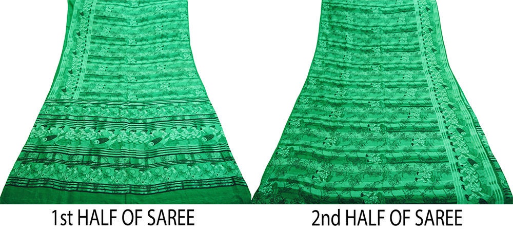Indian Vintage Sari Green Pure Silk Printed Saree Fabric 5yd Sewing Craft DressMaking Soft Humans