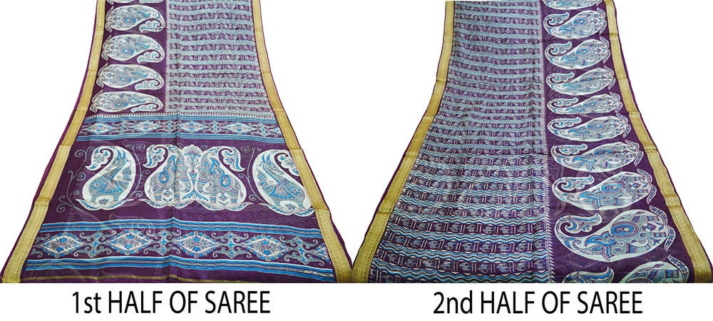 Indian Vintage Sari Purple Pure Silk Printed Saree Fabric 5yd Sewing Craft Fabric DressMaking Paisley