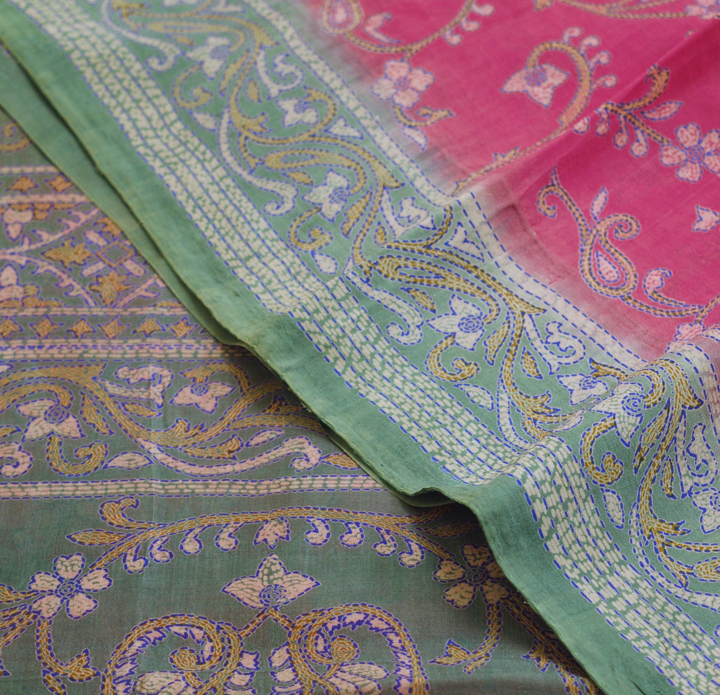 Indian Vintage Sari Gray & Pink 100% Pure Silk Printed Saree Fabric 5yard Sewing Craft DressMaking Floral
