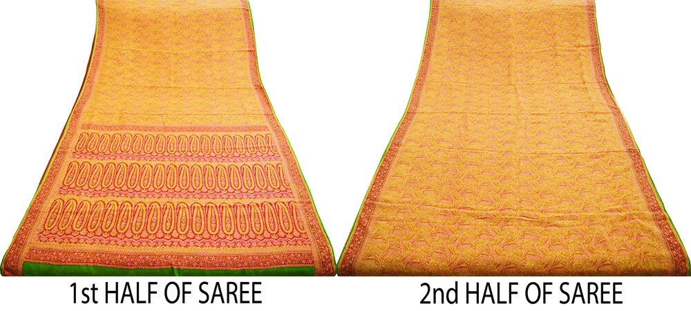 Indian Vintage Sari Red & Yellow Pure Silk Printed Saree Fabric 5yd Sewing Craft Fabric DressMaking Soft