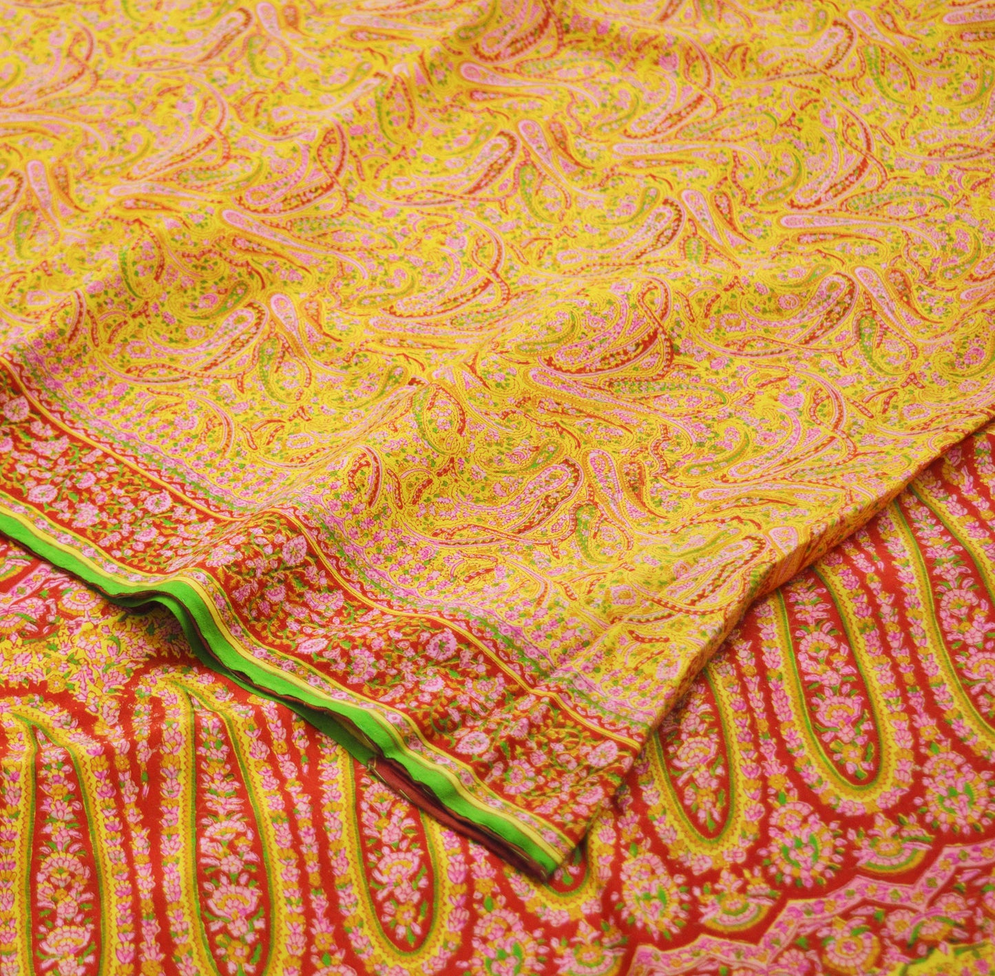 Indian Vintage Sari Red & Yellow Pure Silk Printed Saree Fabric 5yd Sewing Craft Fabric DressMaking Soft