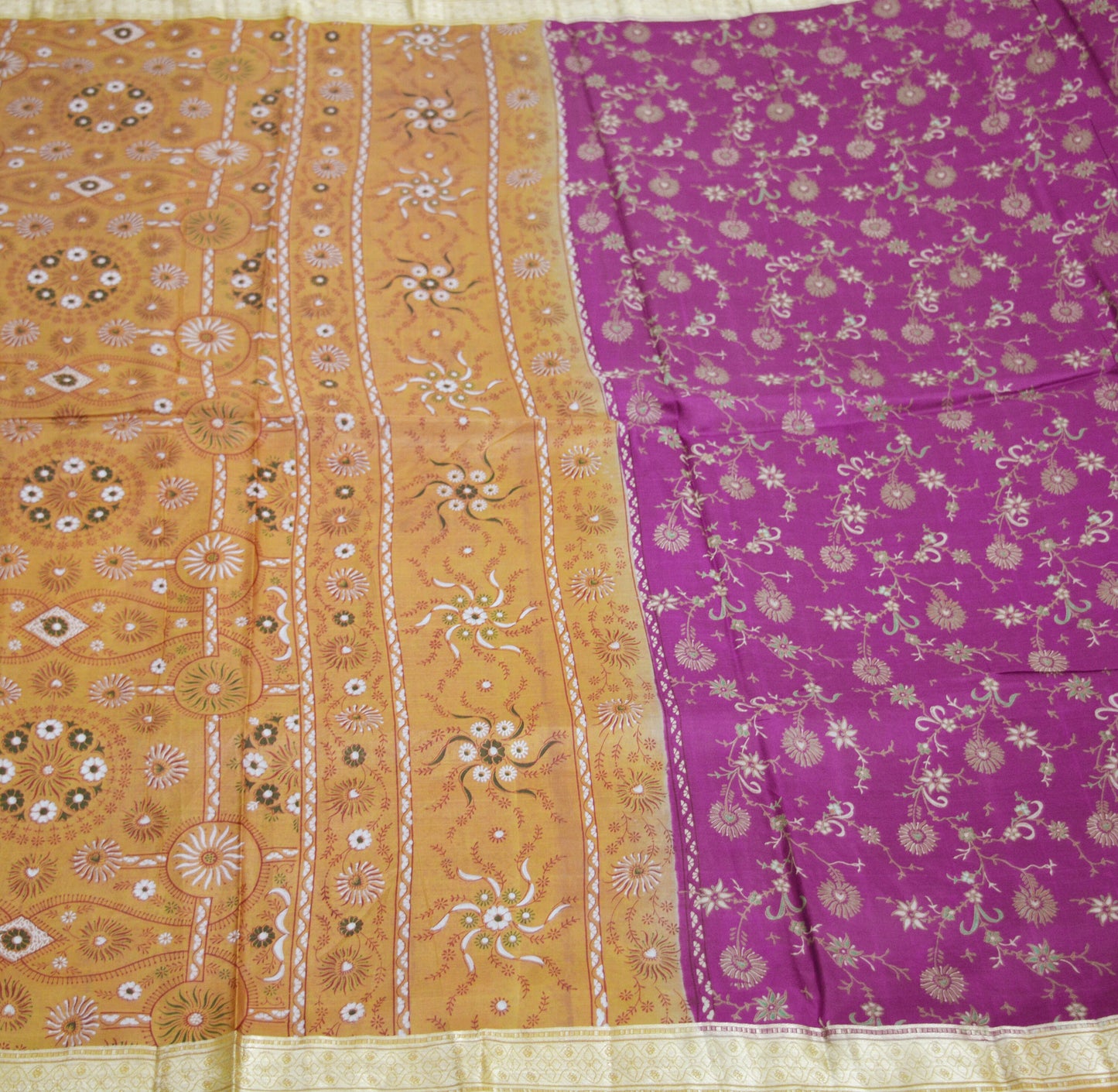 Indian Vintage Sari Purple & Saffron Pure Silk Printed Saree 5yard Sewing Quilting Craft Fabric DressMaking Soft Golden Zari