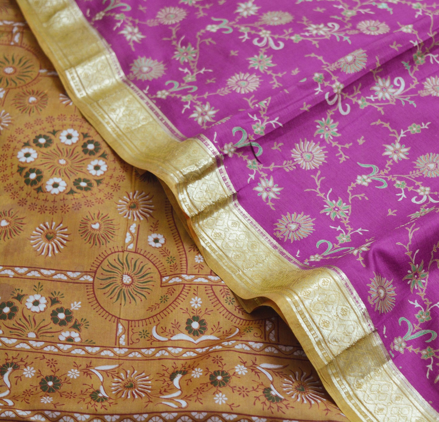 Indian Vintage Sari Purple & Saffron Pure Silk Printed Saree 5yard Sewing Quilting Craft Fabric DressMaking Soft Golden Zari